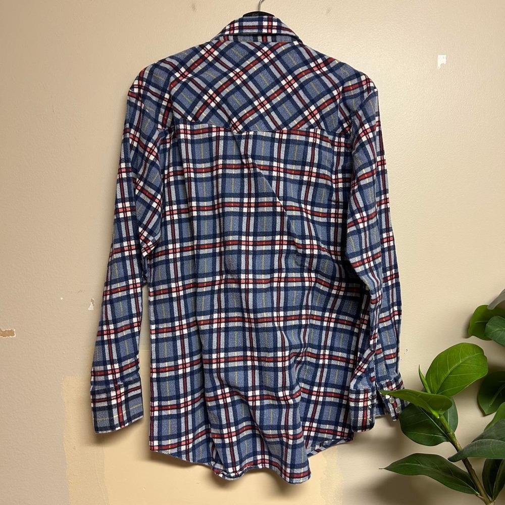 Vintage 90s Hoofs Plaid Lined Pearl Snap Flannel Shirt Mens Medium Blue Red - Picture 3 of 6